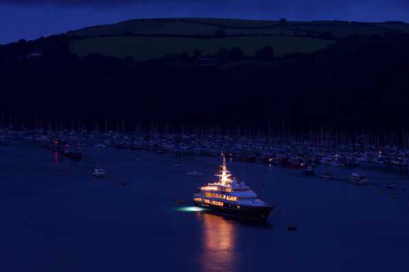 26 July 2020 - 21-30-05 
This is shot at dusk, but the Virginian, all lit up, does stand out in the river Dart.
----------------------
62 metre superyacht Virginian in Dartmouth at night